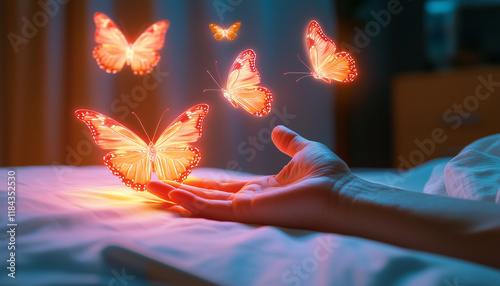 A patient’s hand reaching out from a hospital bed, grasping at holographic butterflies flying above, symbolizing hope and fragility, soft pastels, dreamy, surreal.