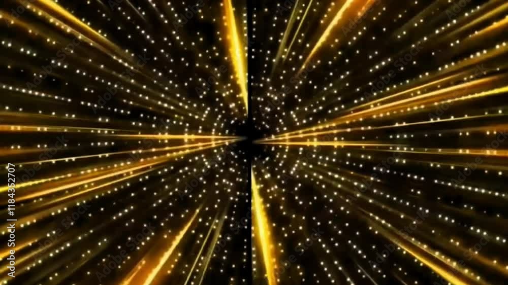 The video effect features a dark background with golden rays and flickering lights, creating the impression of flying through a glowing tunnel.