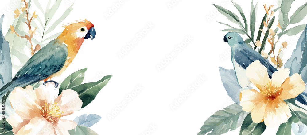 Obraz premium Vector watercolor parrot on palm leaves, summer poster background, summer travel web banner, monstera, palm day, tropical leaves, flowers 