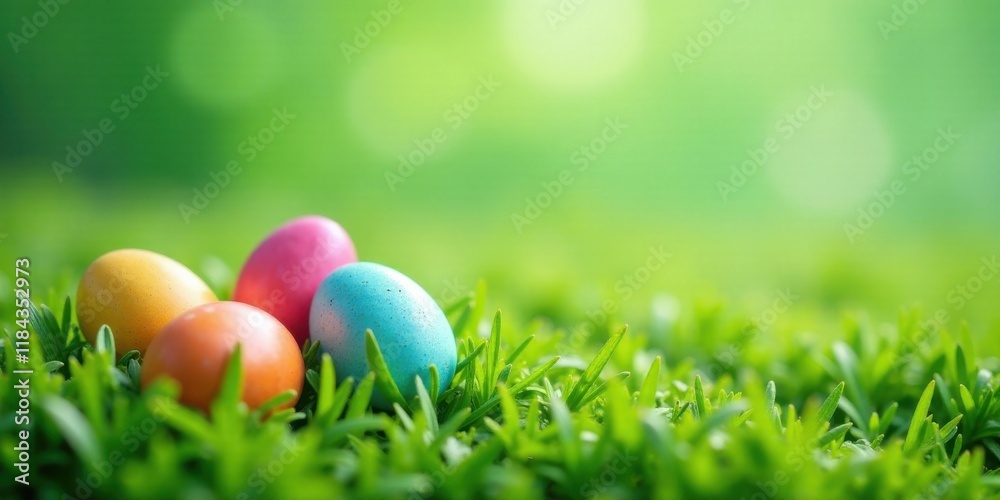 Colorful Easter eggs nestled in vibrant green grass Colorful Easter eggs nestled in vibrant green grass