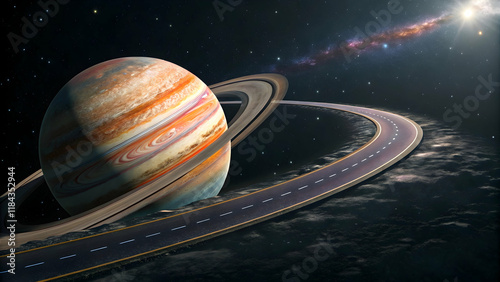Majestic Planetary Scene with Rings, Road, and Distant Galaxy