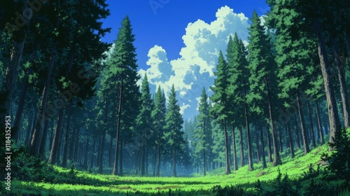 Large forest filled with tall pine trees photo