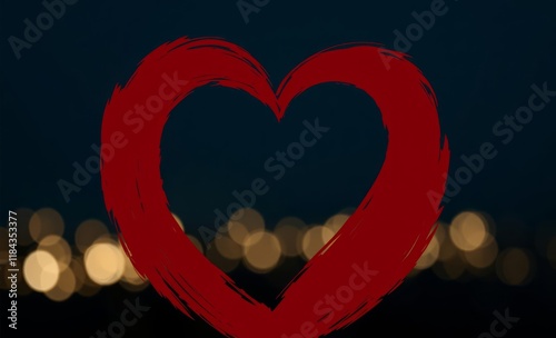 Heart shape, red outline, blurred city lights, bokeh effect, nighttime, romantic atmosphere, silhouette, urban skyline, valentines day concept, love symbol, dark background, soft focus, dreamy, ethere photo