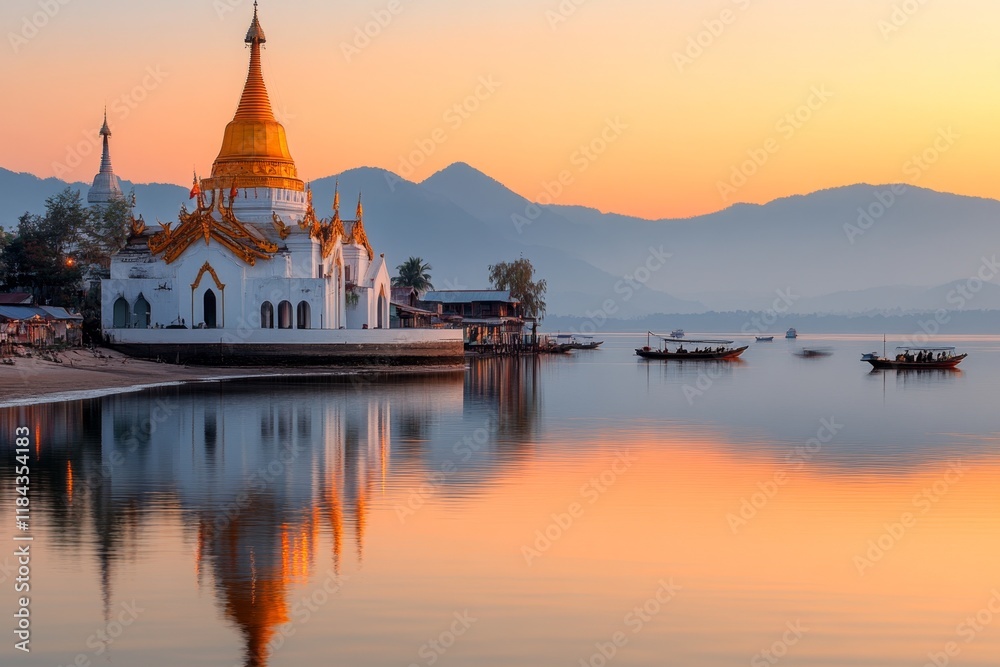 Naklejka premium A peaceful scene of a riverside ubosot, with boats gently floating nearby and the temple reflecting in the water