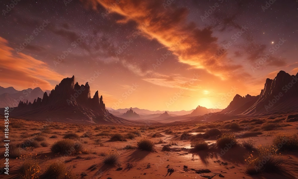 Naklejka premium An otherworldly landscape featuring an orange-hued sky with scattered stars, evoking a feeling of mystery and enchantment , mystical, dreamy