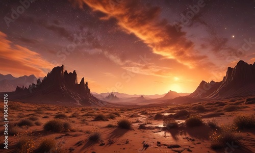 An otherworldly landscape featuring an orange-hued sky with scattered stars, evoking a feeling of mystery and enchantment , mystical, dreamy