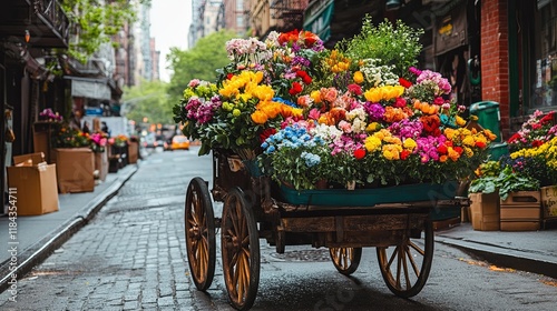 A vibrant flower cart on a city street filled with colorful blooms and greenery photo