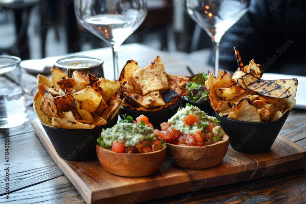 A pita platter with tzatziki, hummus, and baba ghanoush, served on a rustic wooden board A pita platter with tzatziki, hummus, and baba ghanoush, served on a rustic wooden board