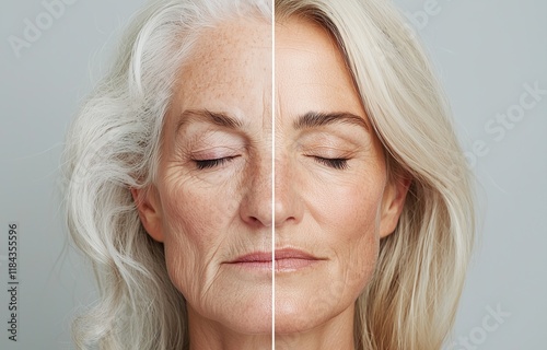 Before and after of a smiling woman, showcasing improved skin tone and reduced signs of aging.