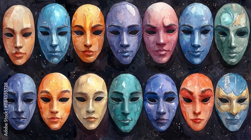 Colorful masks on dark backdrop. photo