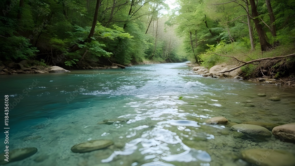 Naklejka premium Serene Beige River Flowing Through Pristine Forest, Nature Preservation and Clean Water Concept