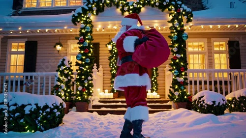 Santa delivers gifts to a cozy, decorated home during a snowy Christmas evening