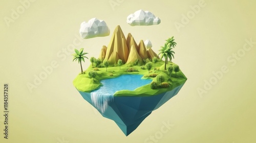 Low-poly isometric floating island with green grass, palm trees, and blue river, set against a light yellow-green background with white clouds.