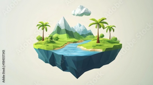Low-poly isometric floating island with green grass, palm trees, and blue river, set against geometric shapes and abstract mountain.