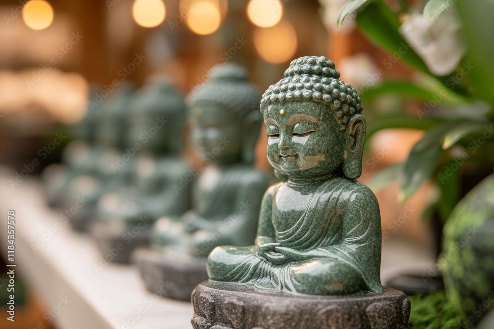 A row of smaller Buddha statues inside the Emerald Ubosot, each crafted in green hues to match the central emerald Buddha A row of smaller Buddha statues inside the Emerald Ubosot, each crafted in green hues to match the central emerald Buddha