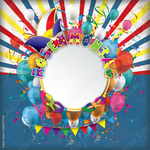 Rosenmontag Cover mit Retrostrahlen, Konfetti und bunten Luftballons	
