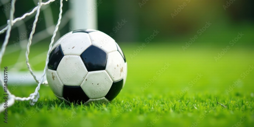 Fototapeta premium A close-up view of a slightly soiled soccer ball resting near a soccer goal on a vibrant green field