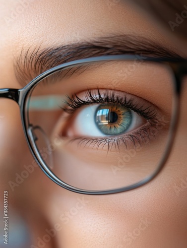 Close up view of a female eye behind glasses showcasing vision correction details and natural beauty. Generative AI