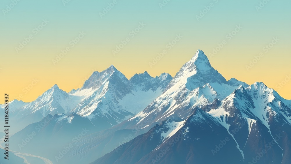 Obraz premium Minimalist Yellow Mountain Peaks, Snow-Capped Summits and Clear Blue Sky Travel Inspiration