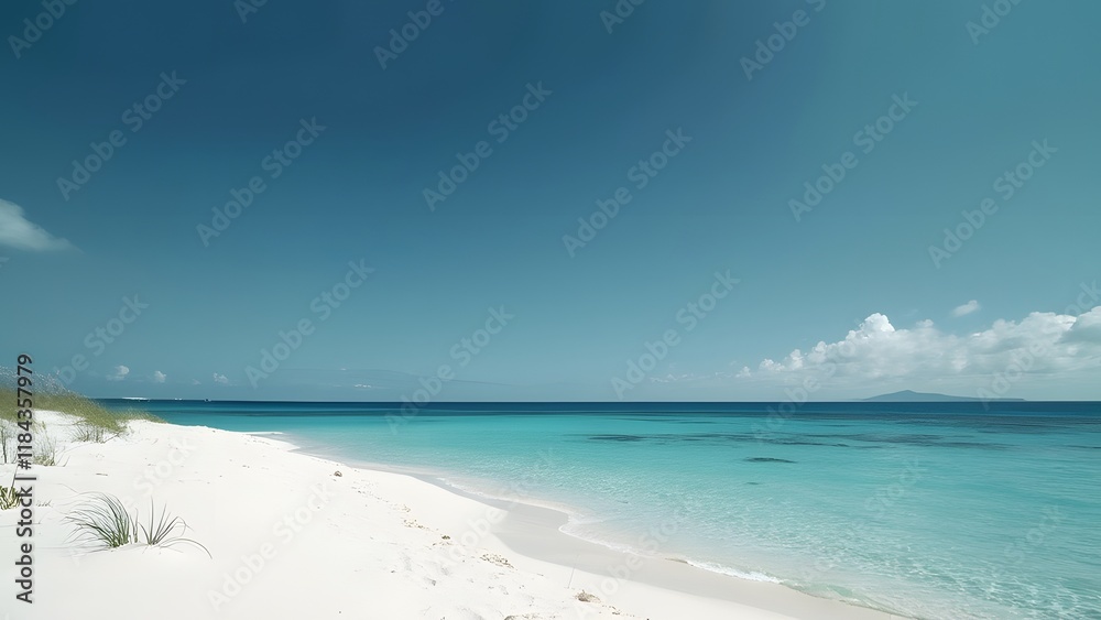 Obraz premium Serene Minimalist Beach Scene, White Sand, Turquoise Water, Navy Sky - Travel Inspiration