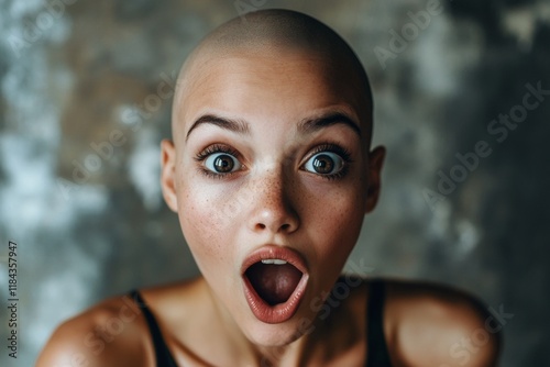 Commercial commercial idea. Attractive very startled mixed-race girl - for ads, billboard and social platforms networks use. Short trim - bald head - no hair. Model concept style.