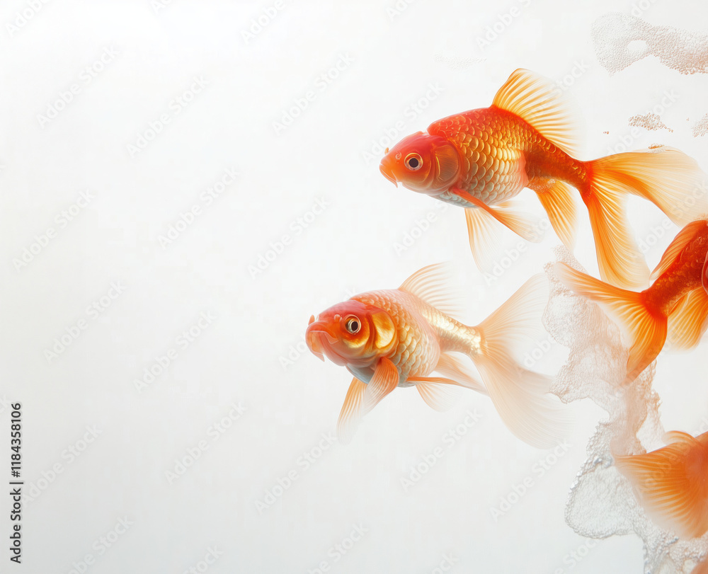 Fototapeta premium Stunning Goldfish Showcase: Vibrant Colors and Graceful Movements Against a Pristine White Background, Creating a Striking Visual Centerpiece