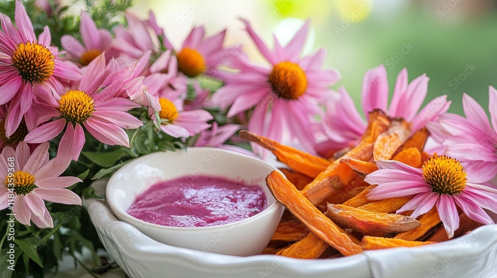 A white dish with baked sweet potato fries accompanied by a homemade dipping sauce A white dish with baked sweet potato fries accompanied by a homemade dipping sauce