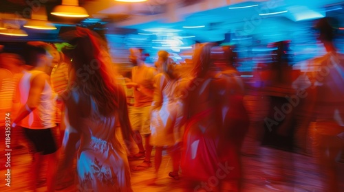 Abstract motion blur of people at a party in ibiza. Blurred motion, abstract background. Young people in club dancing. Blurry night club