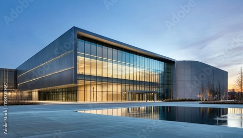 Minimalist building facade with large glass windows, concrete panels, reflective pool, and seamless blend of indoor and natural lighting.