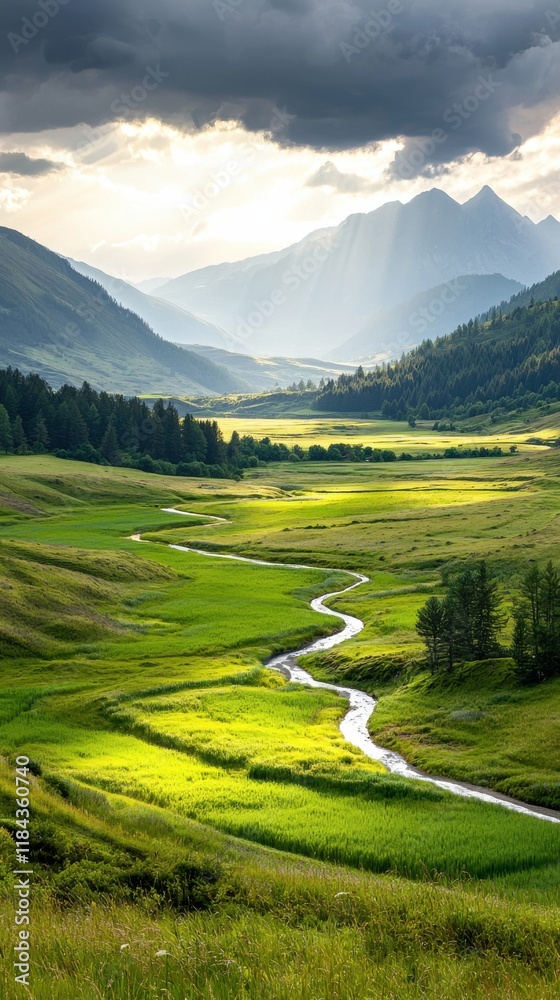 Obraz premium Majestic Mountain Landscape with Lush Meadows and Winding River Flowing Through