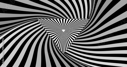 A dynamic black-and-white striped pattern creating a hypnotic optical illusion with wavy, flowing lines. The abstract design adds depth and movement, perfect for modern art, design, or creative