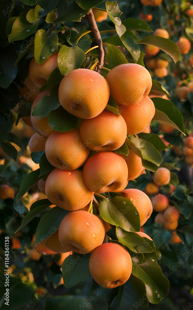 ripe juicyyellow apples hanging on banch on tree in garden around green leaves. close up. digital artwork. Ai generated.