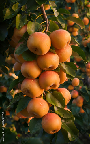 ripe juicyyellow apples  hanging on banch on tree in garden around green leaves. close up. digital artwork. Ai generated.