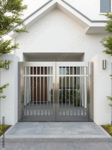 Sleek aluminum gate, modern suburban home entrance, fence, home security, architecture