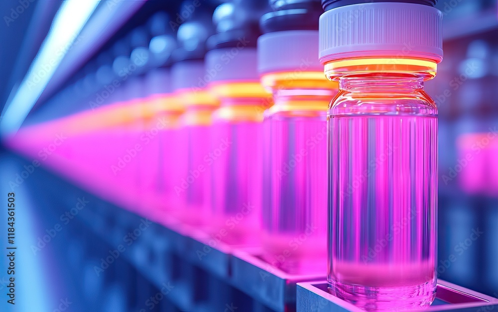 A row of illuminated glass vials filled with liquid, showcasing a vibrant pink hue, suggesting a scientific or pharmaceutical context. A row of illuminated glass vials filled with liquid, showcasing a vibrant pink hue, suggesting a scientific or pharmaceutical context.