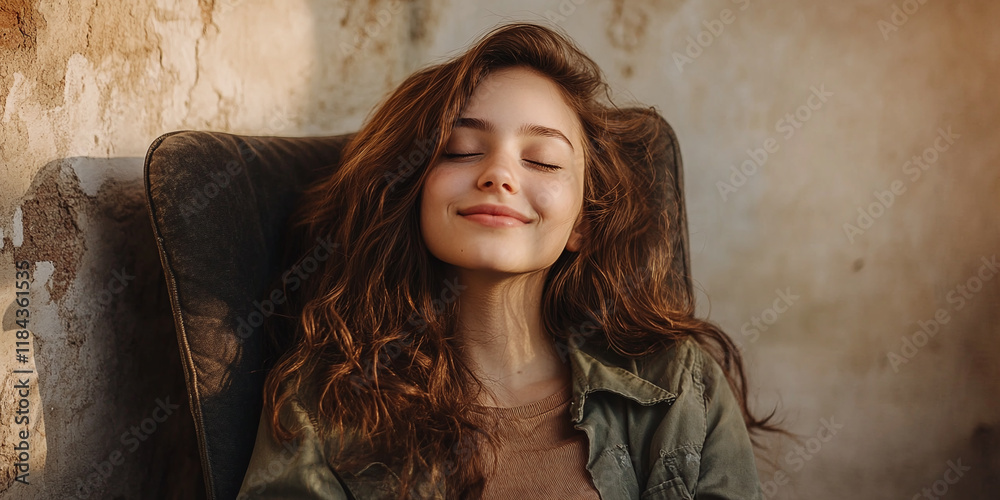 Fototapeta premium A serene woman with her eyes closed and a peaceful smile sits against a sunlit wall, radiating relaxation, contentment, and natural beauty.