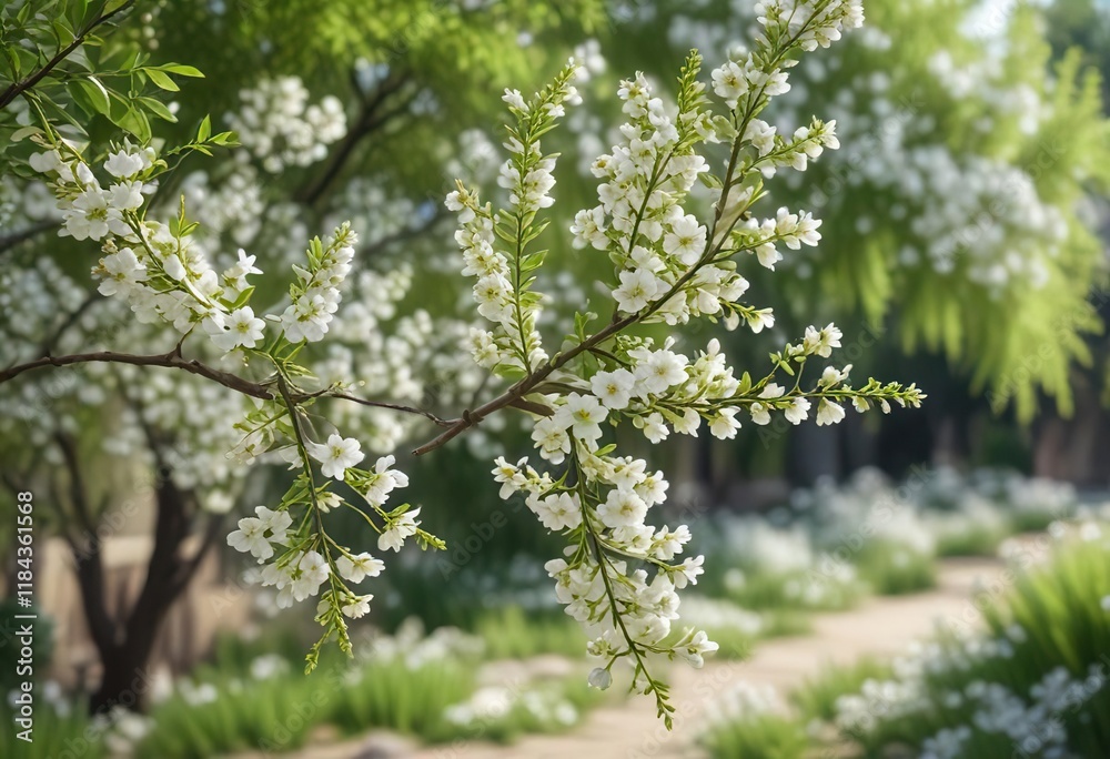 Delicate willow branch blooms with white flowers and slender leaves in a gentle spring garden, serene landscape, garden scene Delicate willow branch blooms with white flowers and slender leaves in a gentle spring garden, serene landscape, garden scene