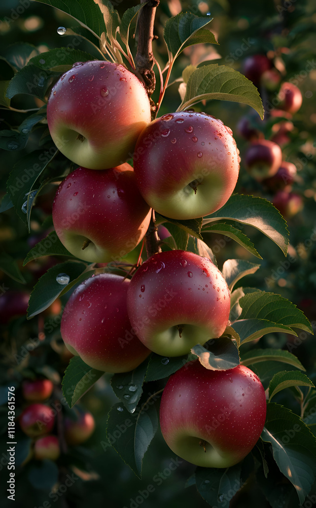 ripe juicy yellow-red apples hanging on banch on tree in garden around green leaves. close up. digital artwork. Ai generated.