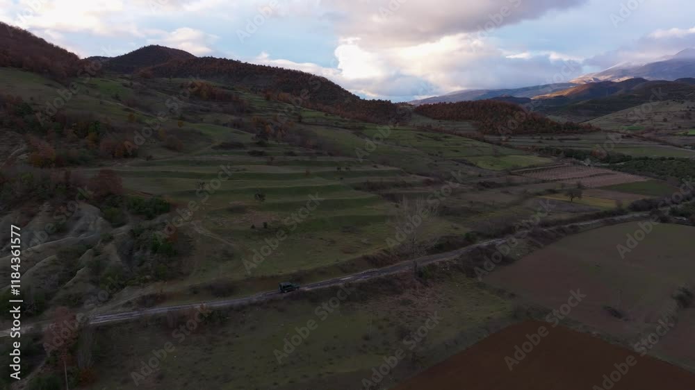 Aerial view of osumi canyon and osum river with beautiful mountains and serene valley, Skrapar, Albania. Aerial view of osumi canyon and osum river with beautiful mountains and serene valley, Skrapar, Albania.
