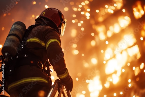 A firefighter climbing a ladder towards a burning building, with urgency evident in their movements