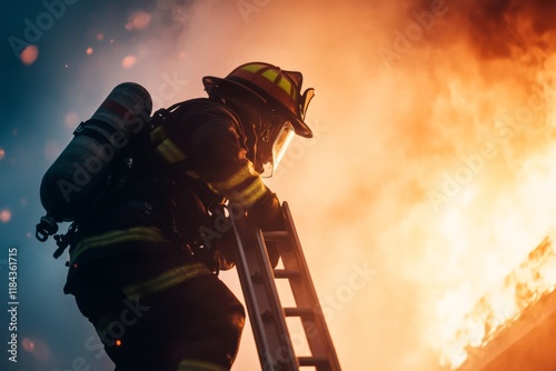 A firefighter climbing a ladder towards a burning building, with urgency evident in their movements