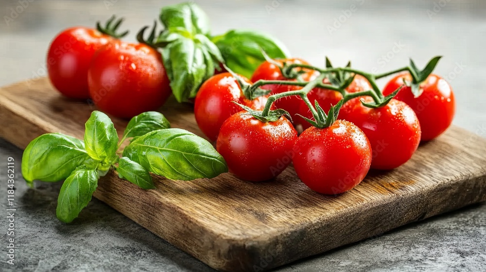 A wooden cutting board with freshly sliced avocado, cherry tomatoes, and sprigs of basil on a neutral backdrop A wooden cutting board with freshly sliced avocado, cherry tomatoes, and sprigs of basil on a neutral backdrop