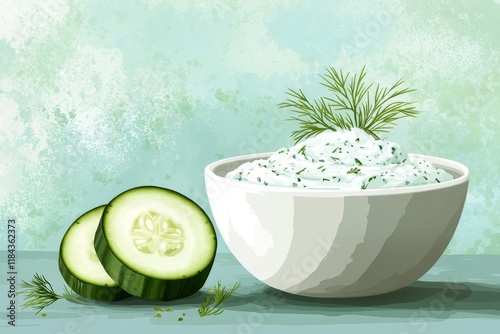 A stylized illustration of a cucumber slice and a bowl of tzatziki, drawn with bold, clean shapes and bright colors photo