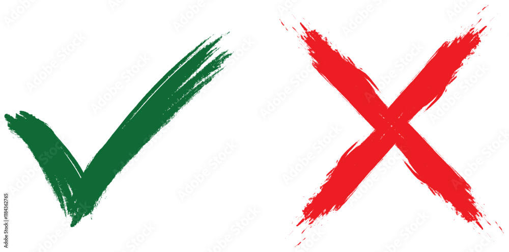 Colorful Brushstroke Checkmark and Cross Symbols. Green tick and red cross brush signs. Colorful Brushstroke Checkmark and Cross Symbols. Green tick and red cross brush signs.