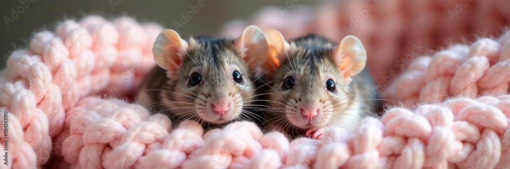 Two miniature rats resting on a pastel knitted throw , rodents, home, rodent Two miniature rats resting on a pastel knitted throw , rodents, home, rodent
