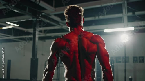 Muscular man with a glowing red back standing in a gym photo