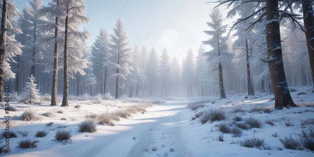 Obraz premium A serene winter landscape with a frozen forest and snow-covered trees, winter garden, cold weather, peaceful scene