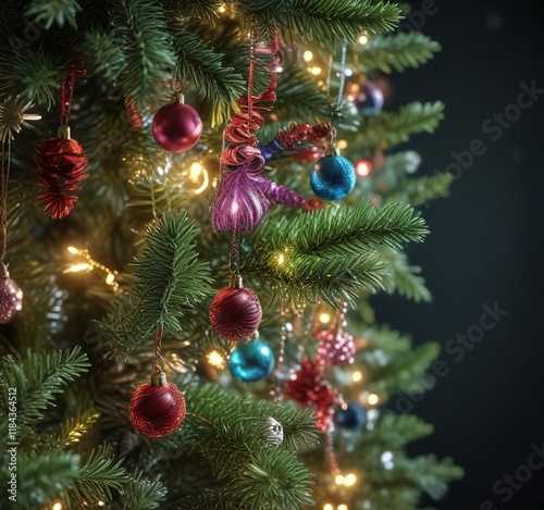 Colorful tinsel strands dangling from a green fir Christmas tree , tinsel, strands, festive