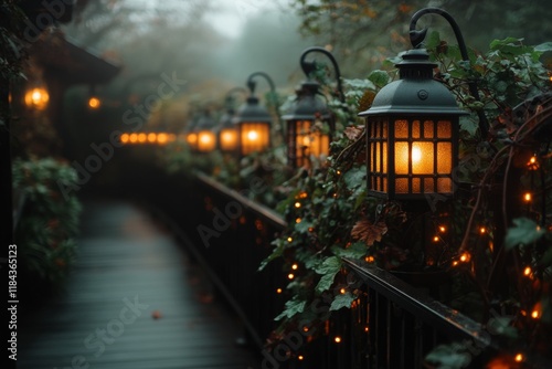 A gothic-style urban farm with ornate wrought iron fencing, overgrown vines, and faint glowing lights from lanterns in a misty setting photo