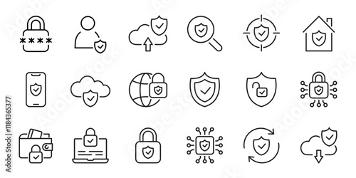Protection line icon set. Security, lock, shield, unlock, data protection, guard. Vector illustration.